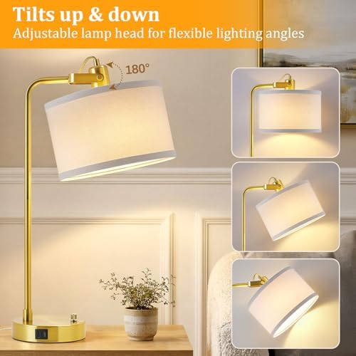 Gold Table Lamp Set of 2, USB A+C, 180° Adjustable Bedside Lamps, Dimmable