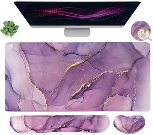Large Mouse Pad and Keyboard Wrist Rest, Desk Pad for Keyboard and Mouse, 4-in-1 Large Gaming Mouse Pad with Wrist Support, Desk Mat for Home Office Study Game-Purple