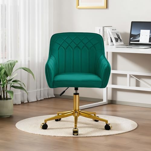 VECELO Modern Velvet Swivel Home Office Desk Chair with Back & Rolling Wheels, Adjustable Seat Height for Girls Women Bed Room Vanity Makeup/Task/Computer Work, Green