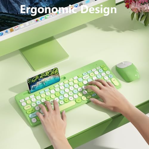 Retro Wireless Keyboard and Mouse Combo, Full-Size USB Keyboard with Round Keycaps, 2.4GHz Wireless for Desktop, Laptop and Computer (Green-Colorful)