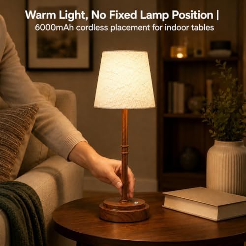 Rechargeable Cordless Table Lamp, Battery Operated Bedside Lamp, Wood Grain