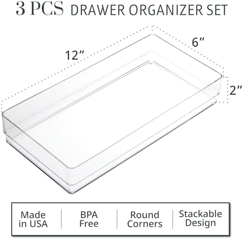 STORi SimpleSort 3-Piece Stackable Clear Drawer Organizer, 12" x 6" x 2"