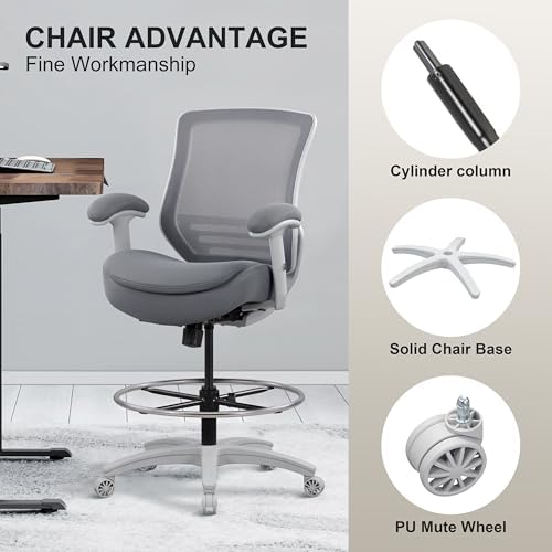 400lbs Double Seat Cushion Tall Office Drafting Chair for Standing Desk with Lumbar Support and Enlarged Adjustable Stool (Grey Frame Grey Fabric)