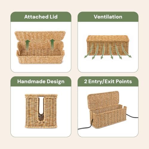 Cable Management Box, Handmade Rattan Cord Organizer for Power Strip