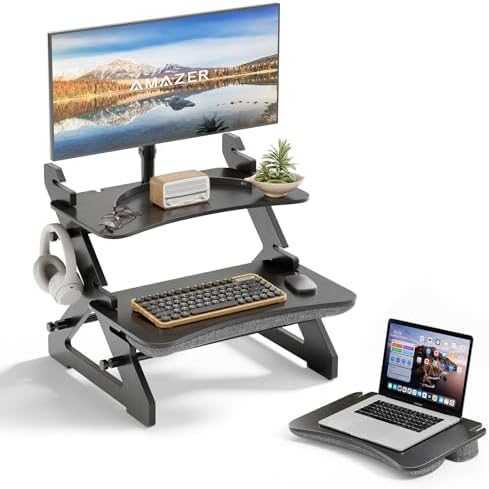 Amazer 22 inch Standing Desk Converter, Bamboo Desk Riser with Lap Desk