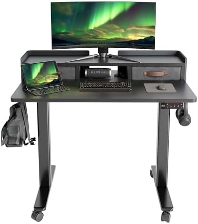 Claiks Standing Desk with Drawers & Wheels, 2 Height Shelf 40" Black