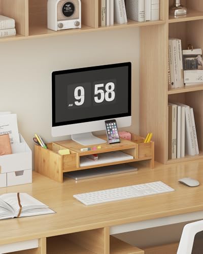Ufine Bamboo Monitor Stand with Storage Compartments Small Desk Organizer