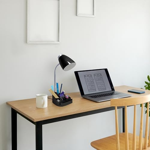 Simple Designs LD1067-BLK Compartmental Desk Lamp with iPhone/iPad/Tablet Stand, Bendable Gooseneck, for Office, Living Room, Nightstand, Library, Entryway, Black