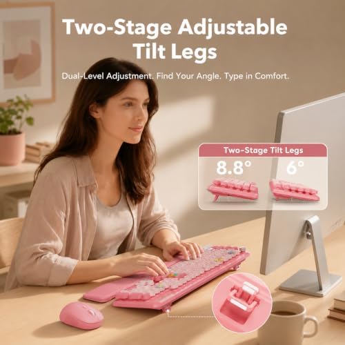 Wireless Keyboard and Mouse, Round Keycaps, Magnetic Wrist Rest, Baby Pink