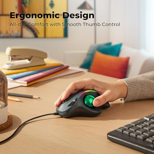 Wired Ergonomic Trackball Mouse, 34mm Thumb Control, RGB Lighting