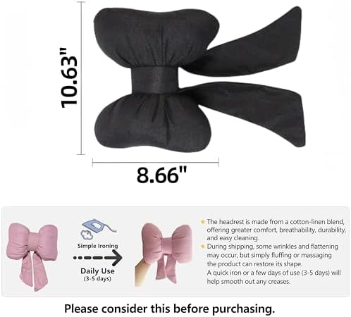 2PCS Chic Car Headrests with Bow-Shaped Cotton Linen Bowknot Neck Pillows for Cozy Road Trip & Cute Interior Decoration (Black)