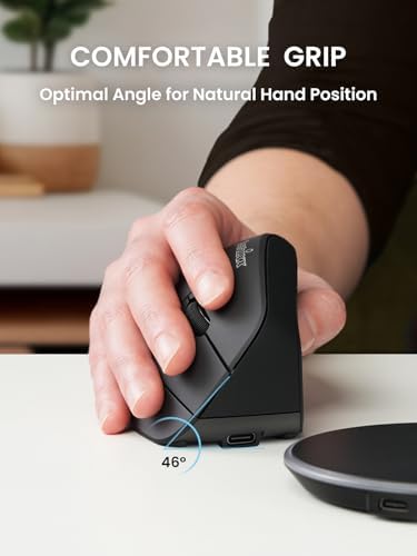Perixx PERIMICE-715R Cordless Rechargeable Vertical Mouse - Duo Wired and Wireless Charging Feature - 6 Buttons Design - Black - Right-Handed