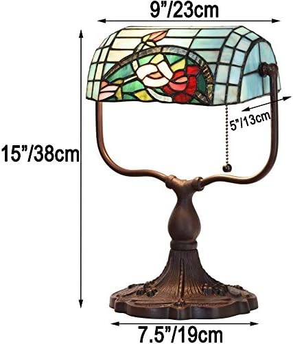 Bieye L10760 Rose Flower Tiffany Style Stained Glass Bankers Desk Lamp Table Lamp for Working Office Living Room Bedside Home Decoration, 9" W x 15" H, Red Green