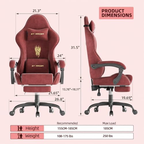 Soontrans Velvet Fabric Gaming Chair for Adult, Ergonomic Comfortable Video Gamer Chair with Footrest, Reclining Office Computer Desk Game Chairs with Massage Lumbar Cushion,Headrest