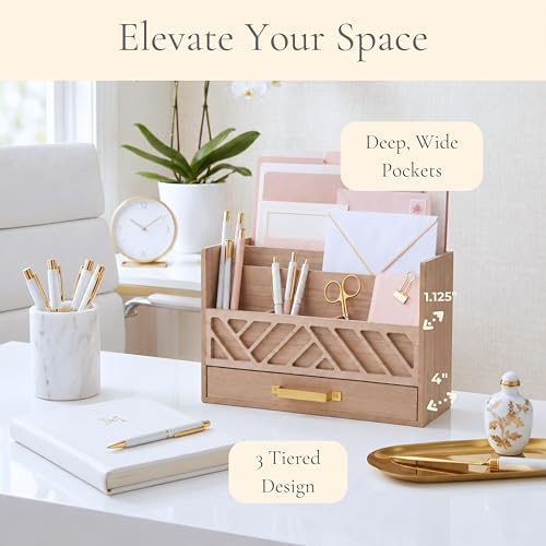 BLU MONACO | Wooden Mail Organizer with Drawer and Gold Handle | Outgoing Mail Holder and Letter Sorter for Desk | Natural Wood Desktop Paper Organizer