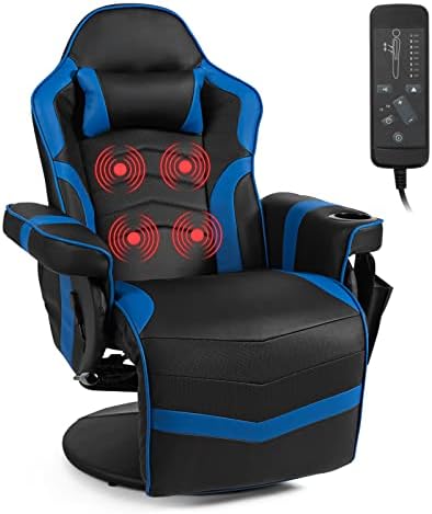 GYMAX Gaming Chair with Footrest, Massage Video Game Chairs for Adults with Remote, Adjustable Backrest, Headrest, Cup Holder & Side Pocket, Ergonomic High Back Office Computer Chair (Navy)