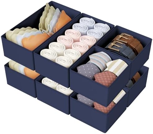 DIMJ Drawer Organizers Clothes, Set of 8 Dresser Organizer Bins, Fabric Closet Organizers and Storage, Shallow Drawer Dividers for Nursery, Clothing, Baby Clothes, Socks, Underwears, Tie (Navy Blue)