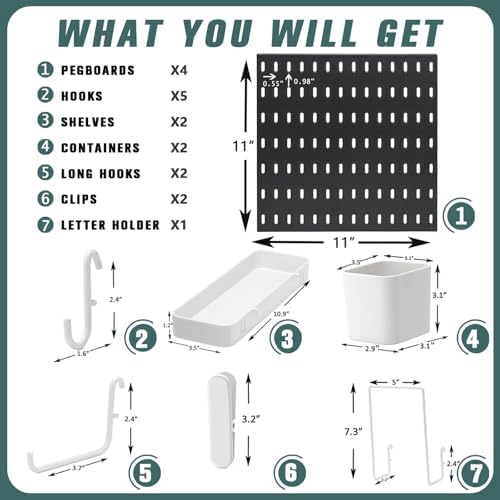 MULSAME Pegboard Combination Kit, Wall Mounted Storage Set with 4 Pegboards & 14 Accessories Hanging, Black Peg Boards Organizer for Walls Display, Crafts Organization, Kitchen Organizer, 22" x 22"