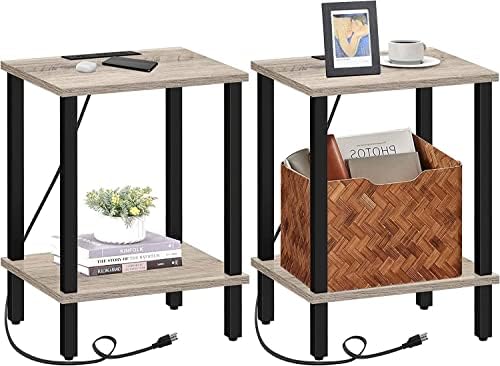 TUTOTAK End Table with Charging Station, Side Table Set of 2, Nightstand