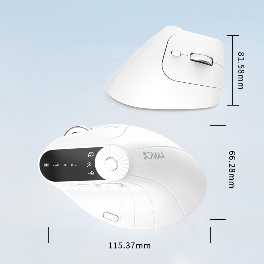 JOMAA Wireless 2.4G & Dual Bluetooth Three-Channel Ergonomic Vertical Mouse Adjustable DPI, Multi-Function Turntable for PC, Laptop, MacBook, Rechargeable (White)