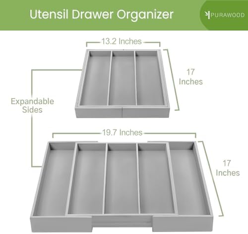 Purawood Kitchen Drawer Organizer - Expandable Utensil Drawer Organizer for Kitchen, Cutlery Tray & Silverware Organizer, 3-5 Slots - Bamboo Organizer for Utensils & Flatware (Grey)