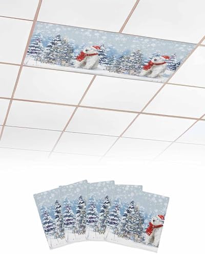 Blue Christmas Magnetic Fluorescent Light Covers for Ceiling Lights 2 x 4 Feet,Snowflakes Retro Snowy Xmas Tree Bear Office Classroom Kitchen Drop Ceiling Light Covers Filters Shade Panel 4 Packs