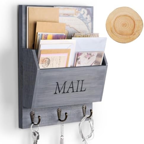 DLQuarts Solid Wood Mail Organizer with Key Holder for Wall, Mail Sorter Wall Mounted, Decorative Wooden Key and Mail Holder with 3 Hooks, Weathered Gray
