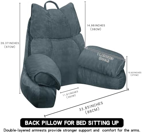 Reading Pillow for Bed with Arms, Back Support, Memory Foam（Charcoal Gray）