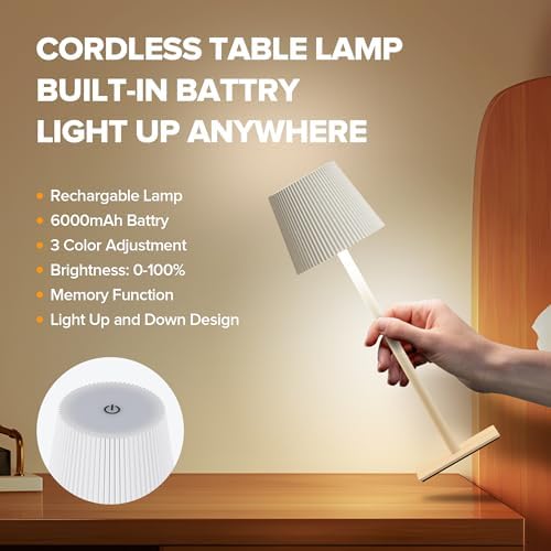 LUTEC 2 Pack Cordless Table Lamp,6000mAh Rechargeable Battery Operated Desk Lamp,Two Adjustable Heights,Waterproof, Touch Control & 3 Color Stepless Dimming for Restaurant/Bedroom/Bars/Outdoor (White)