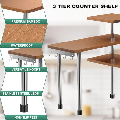 ZHWS Bathroom Counter Organizer Corner Countertop Shelf Adjustable 3 Tier Corner Shelf Kitchen Counter Organizer with 4 Metal Hooks for Bathroom Counter, Makeups, Dresser Table, Over Sink