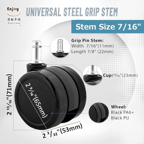 Enjoy Caster | 2.5 Inch Office Chair Casters for Herman Miller Aeron Steelcase Leap Chair | Dual Injection Polyurethane Wheels for Hardwood Floors | Universal Stem Size 7/16" Chairs (6506BUB-23)