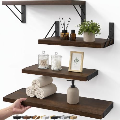 BAYKA Wall Mounted Floating Shelves (Dark Brown, Set of 4, 16" Mixed)