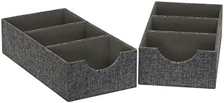 Household Essentials Organizer Tray Accessory in Fabric‑Covered Sturdy Drawer Organizer with Three Compartments, Graphite Gray, Set of 2