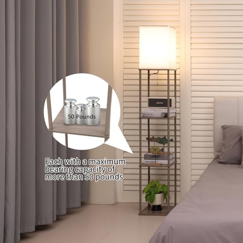 Gupuzm Floor Lamp with Shelves, Modern Square Standing Lamp with 3 Color Temperature Bulb, Corner Display Bookshelf Lamp for Living Room, Bedroom and Office （Grey）