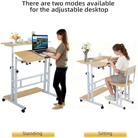 FAHKNS Small Standing Desk, Portable Stand Up Desk with Wheels, Adjustable Height Computer Desk for Home Reading Desk and Office Work