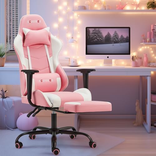 Pink Ergonomic High Back Massage Gaming Chair with Footrest