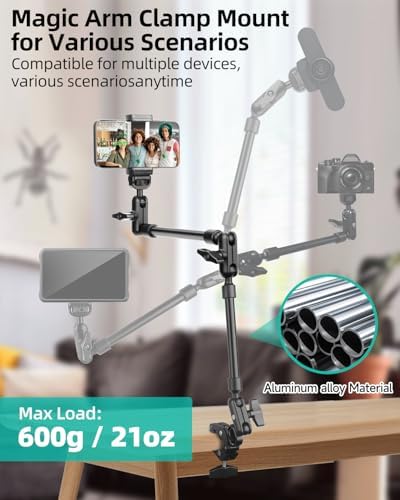 22" Magic Arm w Clamp, Overhead Phone Mount, Desk Camera Mount w Articulating Friction Boom Arm Thread Adapter, for Phone Video Light Webcam Microphone Action Camera Content Creators