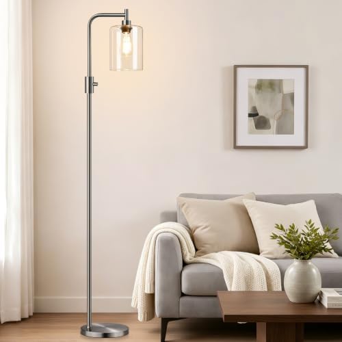 【Upgraded】 Dimmable Floor Lamp for Living Room with Glass Lampshade, Brushed Nickel Modern Glass Floor Lamp with 900LM LED Bulb Included, Standing Tall Lamp for Bedroom, Office, Reading Room, Corner