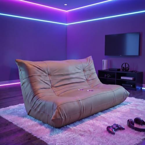 Homall Floor Gaming Chair Boneless Loveseat Couch, Ergonomic Floor Sofa Couch with Cup Holders, Leather Lazy Floor Lounger for Gaming, Reading, Relaxing, Watching TV (Khaki)