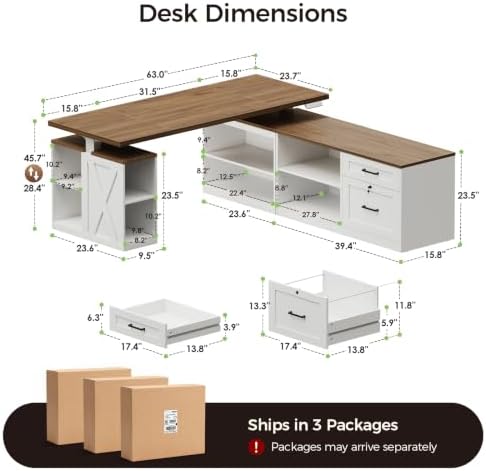 OffiGo 63 Inch Farmhouse L Shaped Electric Standing Desk, Walnut & White