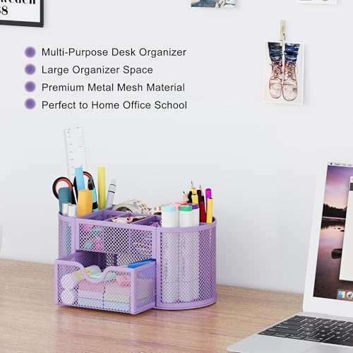 EasyPAG Mesh Pen Holder Desk Organizer with Drawer Stationery Supplies Organizer for Dorm School 9 Compartments Workspace Desk Accessories Organization for Office (Light Purple)