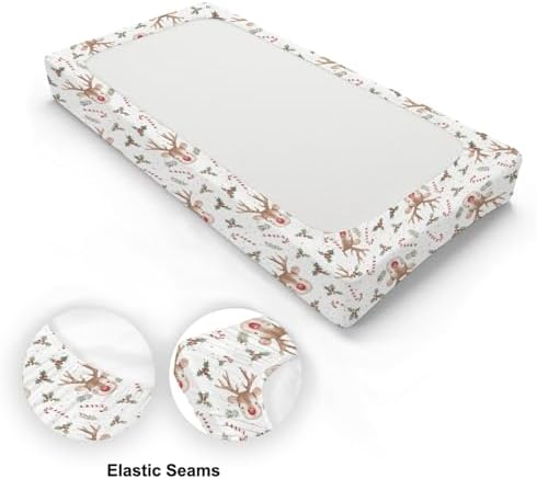 Watercolor Christmas Reindeer Winter Holiday Leaves Pattern Baby Changing Pad Cover, Unisex Christmas Nursery Diaper Changing Table Pad Mat Sheet for Boys Girls-16x32