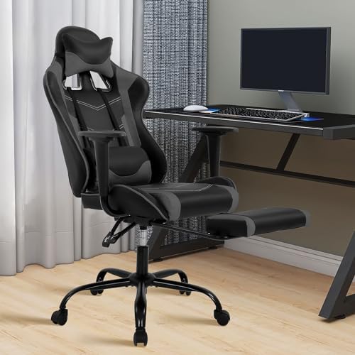 Gaming Chair, High Back PU Leather Gaming Chairs Computer Chair with Headrest & Lumbar Support, Height Adjustable Wide Seat Gaming Chairs for Adults, Game Chair with Footrest & Armrest