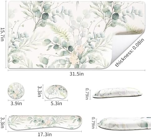 QiyI PU Leather Desk Mat Set, 4-in-1 Ergonomic Wrist Rest, Eucalyptus Leaf
