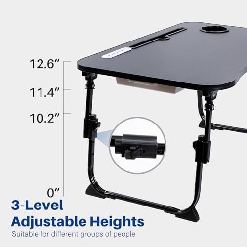 BYMECOST Laptop Desk for Bed, Height Adjustable Laptop Bed Table, Foldable Portable Lap Desk Stand with USB/Storage Drawer/Cup Holder/Slot, Breakfast Tray for Working Reading Writing Eating