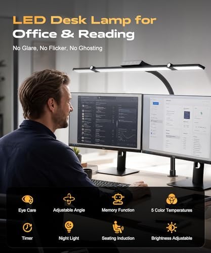 LED Desk Lamps for Home Office, Desk Light with Remote & Touch Control, Motion Sensor Auto On/Off,Stepless Dimming, 5CCT, Eye-Caring Desk Lamp with Clamp for Reading,Study,Dual Monitors,Black