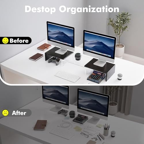 Dual Monitor Riser, Acrylic Monitor Riser, Adjustable Angle & Length Computer Monitor Stand, Wide Desk Shelf for Top of Desk for Home Office_Black Maple Look Small