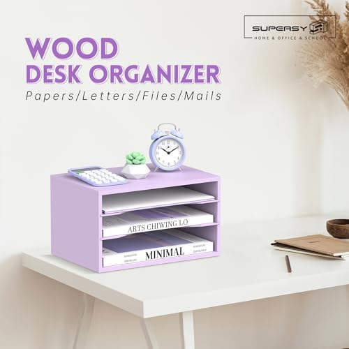 3 Tier Wood Desk Organizer, Paper Organizer for Desk, Purple