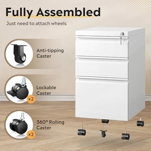 DEVAISE 3 Drawer Mobile File Cabinet, Fully Assembled Except Casters