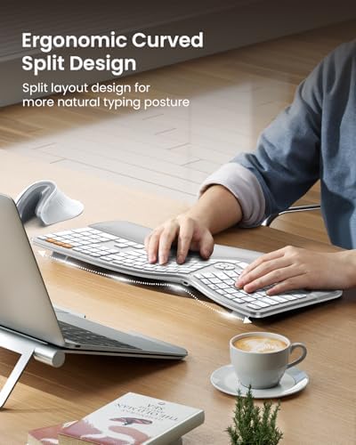 ProtoArc EK01 Plus Backlit Bluetooth Ergonomic Keyboard, White Silver